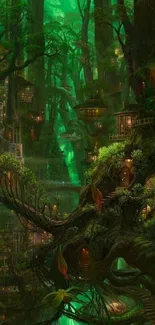 Enchanted forest with glowing houses nestled among tall trees in vibrant green hues.