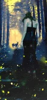 Woman walks in enchanted forest with glowing fireflies.