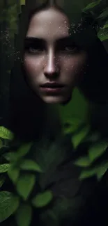 Ethereal figure with green leaves in a mystical forest setting.