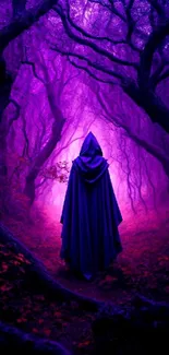 Mysterious cloaked figure in a purple forest.