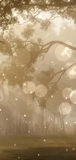 Enchanted forest with golden bokeh lights and misty atmosphere for mobile wallpaper.