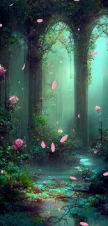 Enchanting forest with lush greenery and pink flowers under mystical arches.