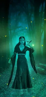 Mystical woman in teal forest with glowing lights.