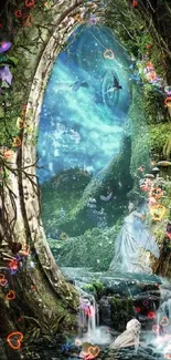 Enchanted forest with portal and fairies in lush green scenery.