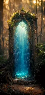 Enchanted forest with glowing blue portal.