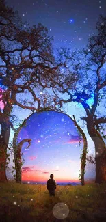 Mystical forest portal under starry sky on mobile wallpaper.