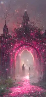 Enchanted forest scene with glowing pink pathway and misty portal.