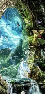 Fantasy forest portal with waterfall and mystical creatures.