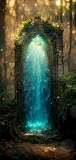 Enchanted forest portal with mystical light and lush green surroundings.