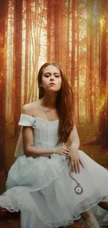 Woman in white dress in glowing enchanted forest.