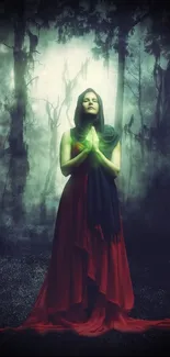 Woman in red gown meditates in a mystical forest.