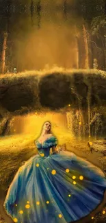 Princess in blue dress in glowing enchanted forest.