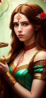 Fantasy art of forest princess holding a snake in mystical surroundings.