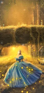 Princess stands in a glowing enchanted forest, surrounded by golden light.