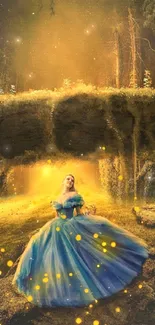 Magical forest scene with a princess in a glowing blue gown.