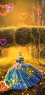 Princess in blue dress amidst glowing golden lights in a mystical forest setting.