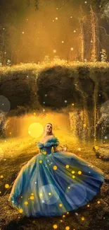 Princess in blue dress amidst glowing forest with fireflies.