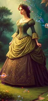 Enchanted princess in green forest wallpaper.