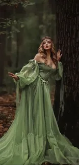 Enchanting princess in green gown amidst a mystical, lush forest.