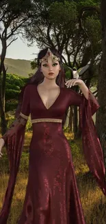 Fantasy princess in maroon gown in forest setting wallpaper.