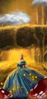 A princess in a blue gown in a mystical, golden forest scene.