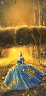 Princess in blue dress in enchanted forest, illuminated by golden light.