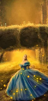 Enchanted forest scene with princess in a blue gown and golden light.