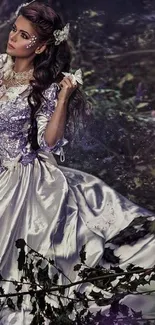 Princess in lavender gown in a mystical forest setting wallpaper.