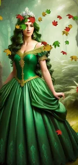 Elegant princess in green dress in enchanted forest setting.