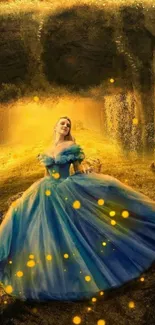 Enchanting princess in blue gown amidst glowing forest.