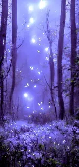 Purple forest with glowing butterflies.