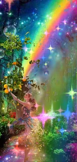 Enchanting forest wallpaper with rainbow and magical elements.