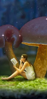 Woman reads under giant mushrooms in forest.