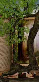 Fantasy forest wallpaper with lush tree and book.