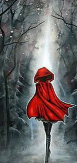 Red cloaked figure in a mystical dark forest.