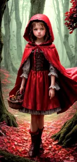 Girl in red cloak standing in an enchanted forest path with leaves.