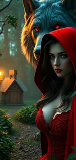 Red Riding Hood with a wolf in an enchanted forest setting.
