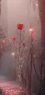 Enchanted forest path with glowing roses.