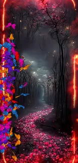 A mystical path in a dark forest with glowing rose petals.