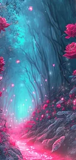 Enchanted forest with pink roses and a glowing pathway in a mystical setting.