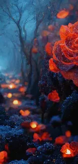 Enchanted forest with glowing roses at night.