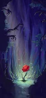 Enchanted forest with a glowing red rose in the center.