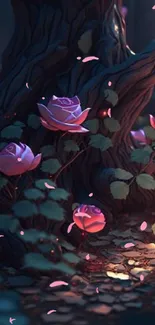 Enchanted forest with glowing pink roses and mystical lighting.