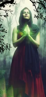 Woman in a mystical forest setting, exuding serenity and tranquility.