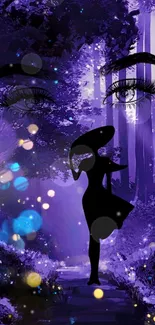 Mystical silhouette in a glowing purple forest scene.