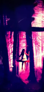 Silhouette in a magical forest with pink glow.