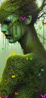 Artistic depiction of an ethereal forest spirit entwined with nature's greenery.