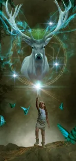 Majestic stag and girl in enchanted forest with mystical teal glow.