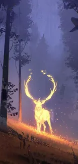 Glowing stag in a mystical purple forest background.