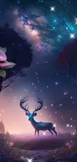 Majestic stag in enchanted forest under a starry night, with vibrant roses in view.